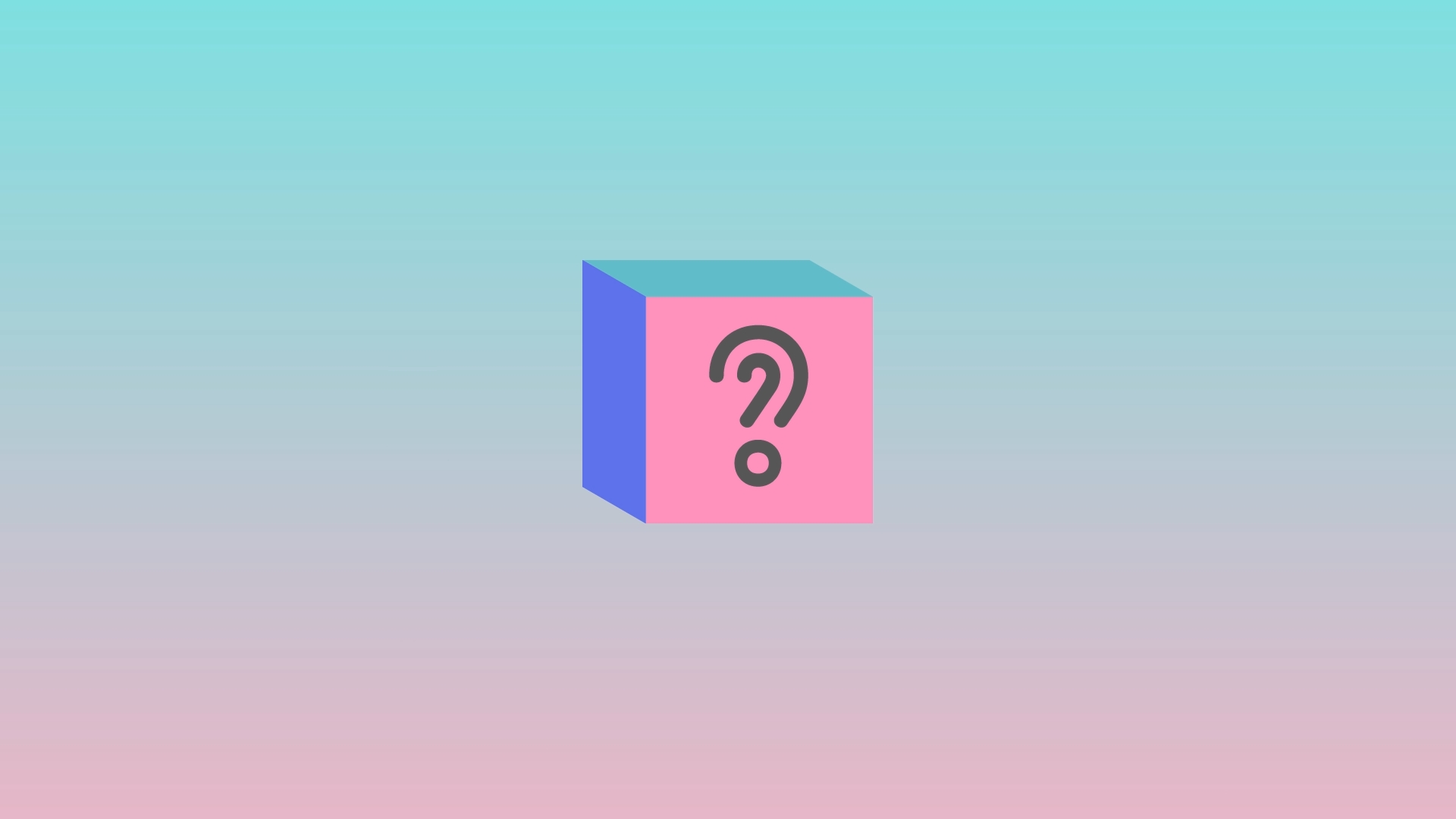 Sobre um fundo degradê de tons salmão e azul pastel tem um cubo com um ponto de interrogação.
